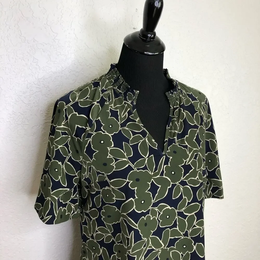Banana Republic olive green navy blue floral v neck shift dress size 6